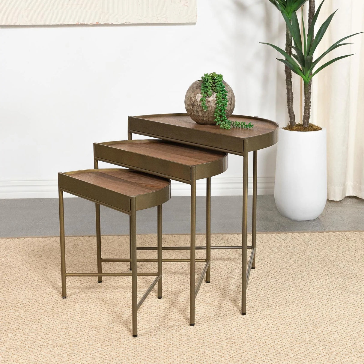 Tristen Brown and Gold 3-Piece Demilune Nesting Table With Recessed Top