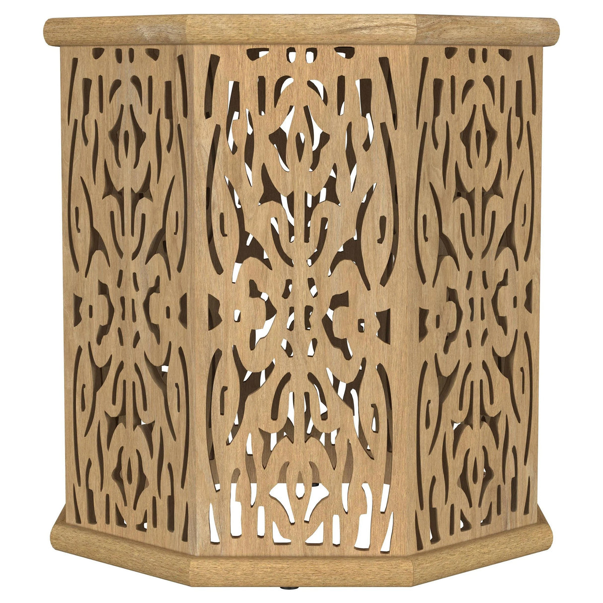 Torres Natural Brown Octagonal Solid Wood Side Table with Intricate Openwork Carvings