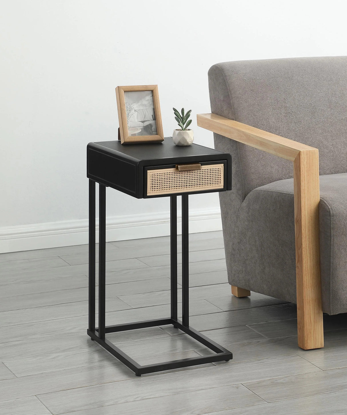 Amherst Black 1-Drawer Radio Weave Cane Metal Side Table