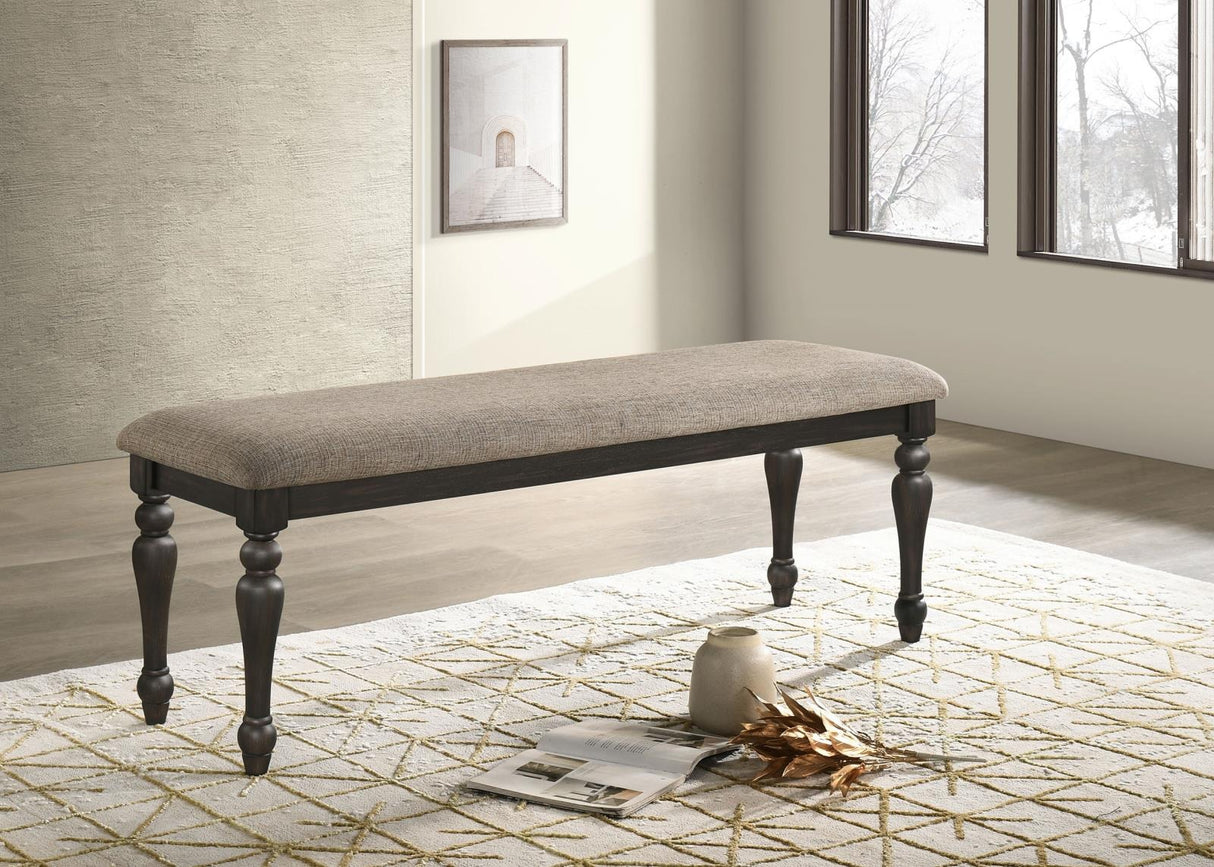 Bridget Stone Brown Upholstered Dining Bench and Charcoal Sandthrough