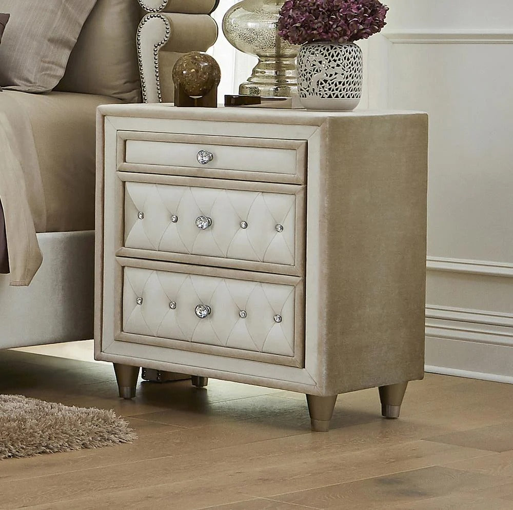 Antonella Ivory and Camel Upholstered 3-Drawer Nightstand