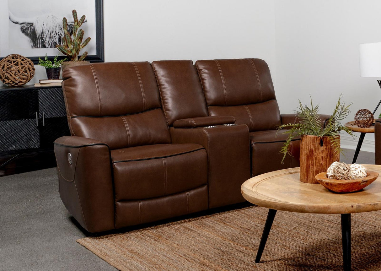 Greenfield Saddle Brown Upholstered Power Reclining Loveseat with Console