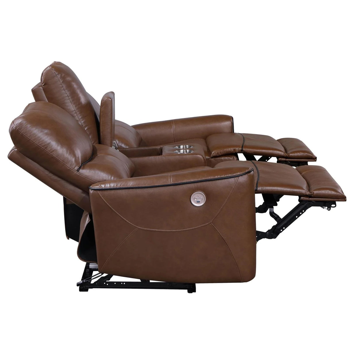 Greenfield Saddle Brown Upholstered Power Reclining Loveseat with Console