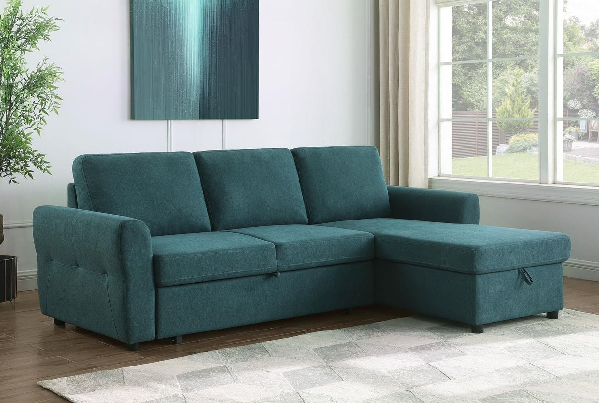 Samantha Teal Blue Upholstered Sleeper Sofa Sectional with Storage Chaise