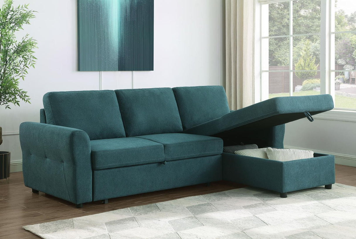 Samantha Teal Blue Upholstered Sleeper Sofa Sectional with Storage Chaise