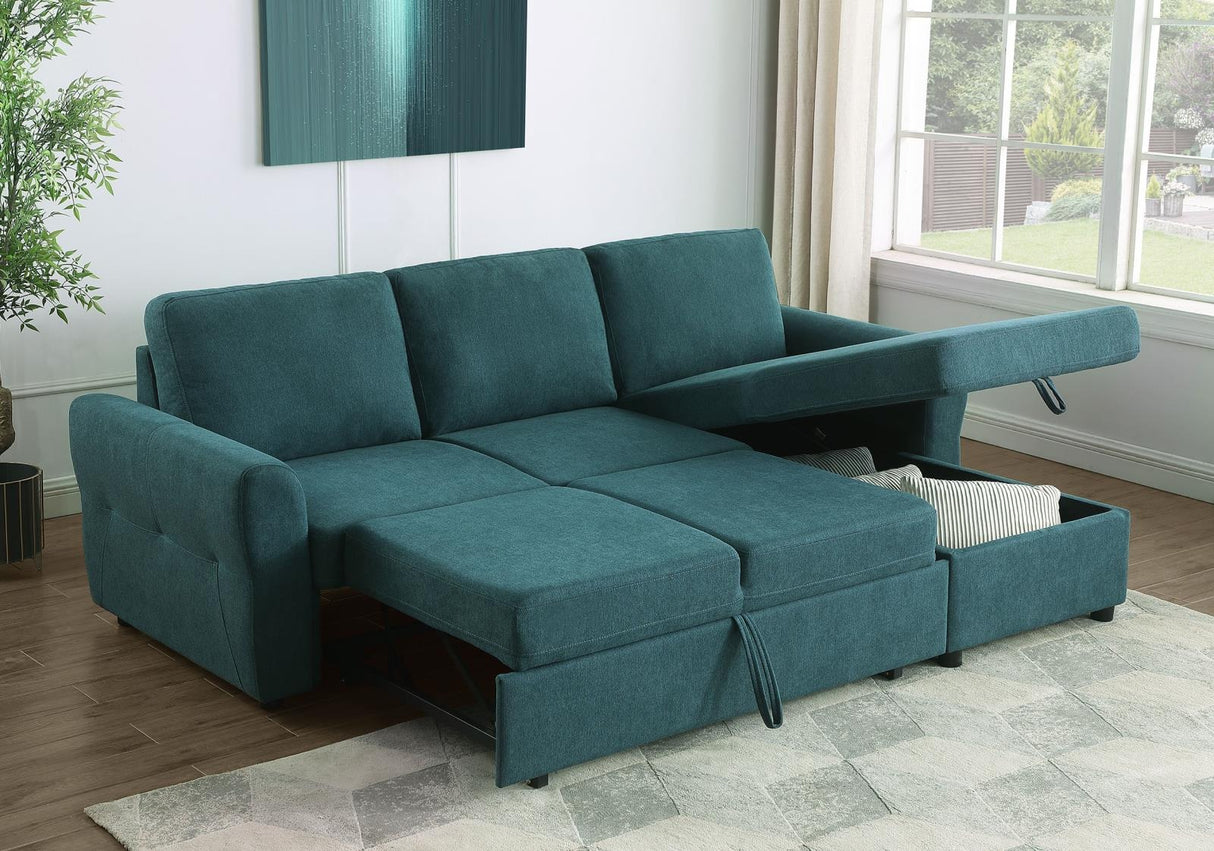 Samantha Teal Blue Upholstered Sleeper Sofa Sectional with Storage Chaise