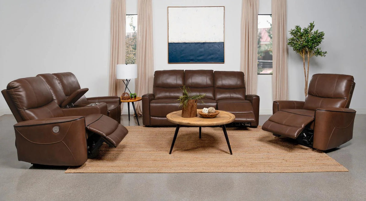 Greenfield Saddle Brown Upholstered Power Reclining Living Room Set