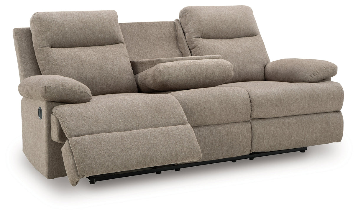 Side-Swipe Mocha Reclining Sofa with Drop Down Table