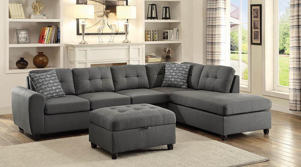 Stonenesse Gray Upholstered Tufted Sectional with Storage Ottoman