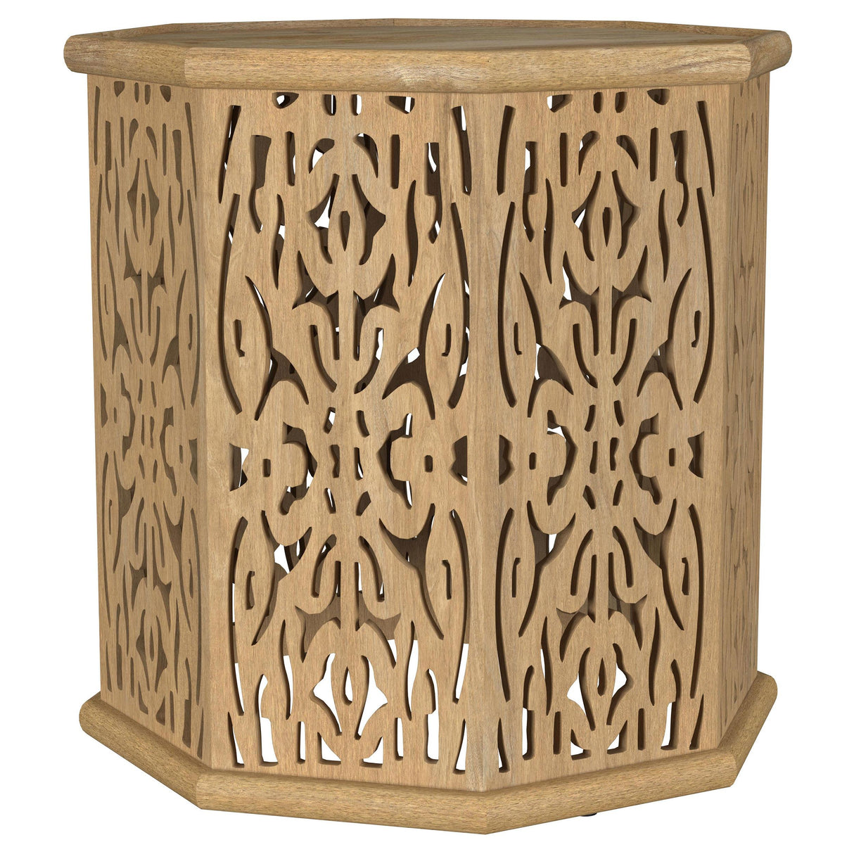Torres Natural Brown Octagonal Solid Wood Side Table with Intricate Openwork Carvings