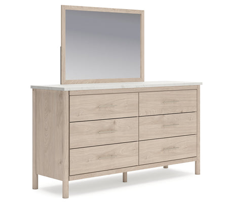 Cadmori King Upholstered Panel Bed, Dresser, Mirror and Nightstand