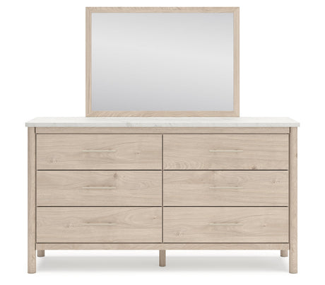 Cadmori King Upholstered Panel Bed, Dresser, Mirror and Nightstand