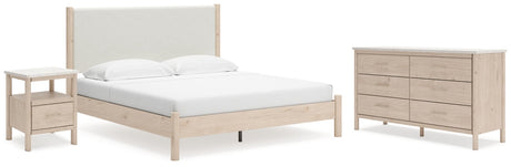 Cadmori King Upholstered Panel Bed, Dresser and Nightstand