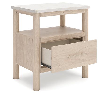 Cadmori King Upholstered Panel Bed, Dresser and Nightstand