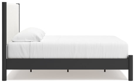 Cadmori King Upholstered Panel Bed, Dresser and Mirror