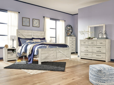 Bellaby King Crossbuck Panel Bed, Dresser, Mirror, and Nightstand