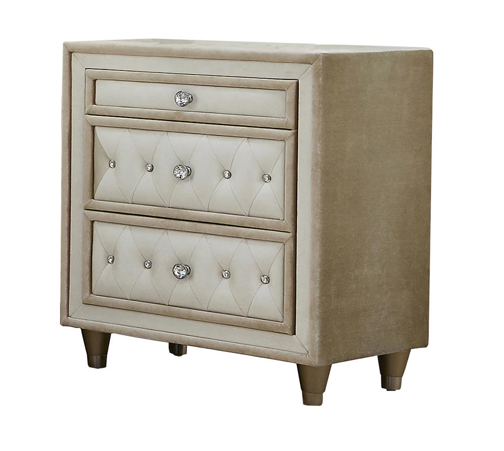 Antonella Ivory and Camel Upholstered 3-Drawer Nightstand