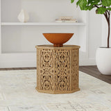 Torres Natural Brown Octagonal Solid Wood Side Table with Intricate Openwork Carvings