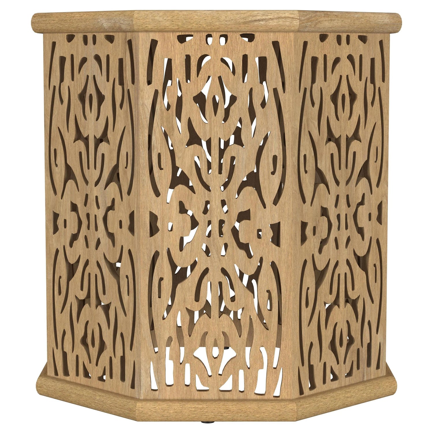 Torres Natural Brown Octagonal Solid Wood Side Table with Intricate Openwork Carvings
