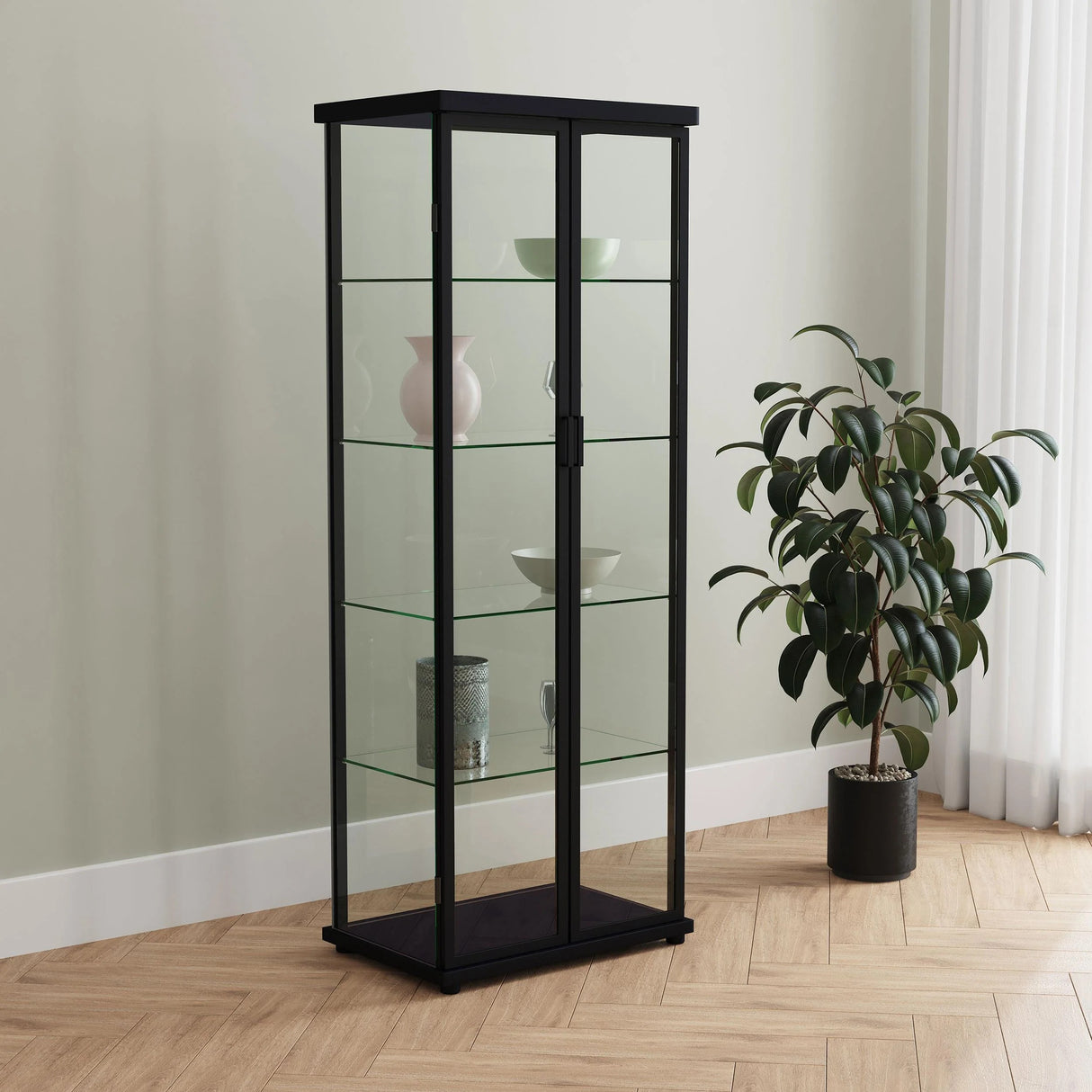 Aero Black 5-Shelf Display Curio Cabinet with LED and Clear Tempered Glass Shelves
