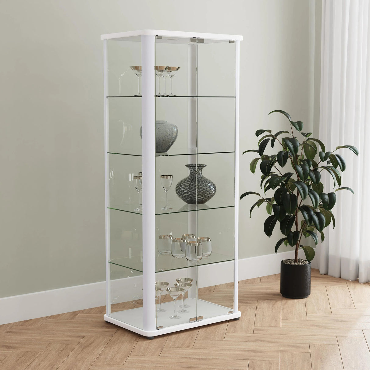 Aero Glossy White 5-Shelf Display Curio Cabinet with LED and Clear Tempered Glass Shelves