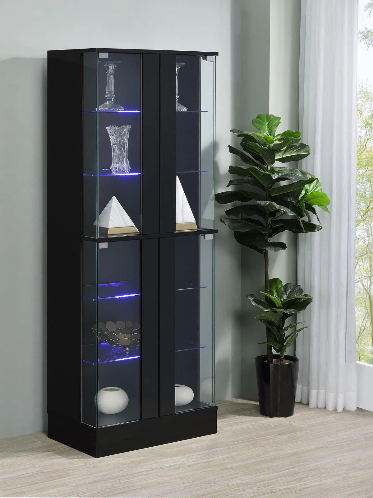 Cabra Black High Gloss Display Case Curio Cabinet with Glass Shelves and LED Lighting
