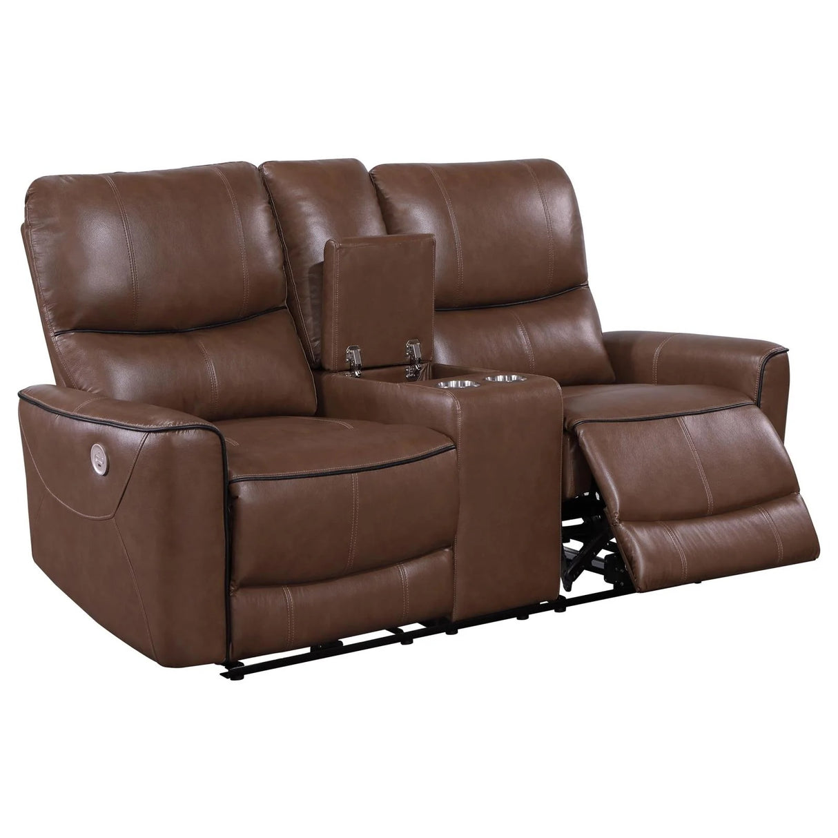 Greenfield Saddle Brown Upholstered Power Reclining Loveseat with Console