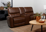 Greenfield Saddle Brown Upholstered Power Reclining Loveseat with Console