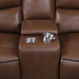 Greenfield Saddle Brown Upholstered Power Reclining Loveseat with Console