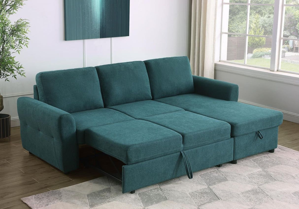 Samantha Teal Blue Upholstered Sleeper Sofa Sectional with Storage Chaise