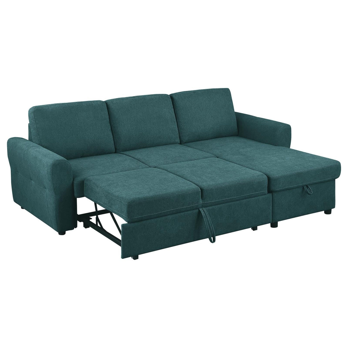 Samantha Teal Blue Upholstered Sleeper Sofa Sectional with Storage Chaise