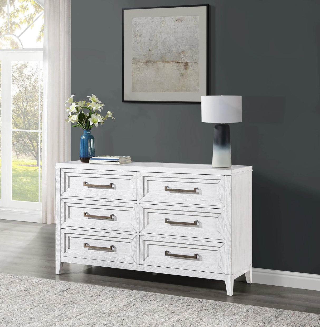 Marielle Distressed White 6-Drawer Bedroom Dresser