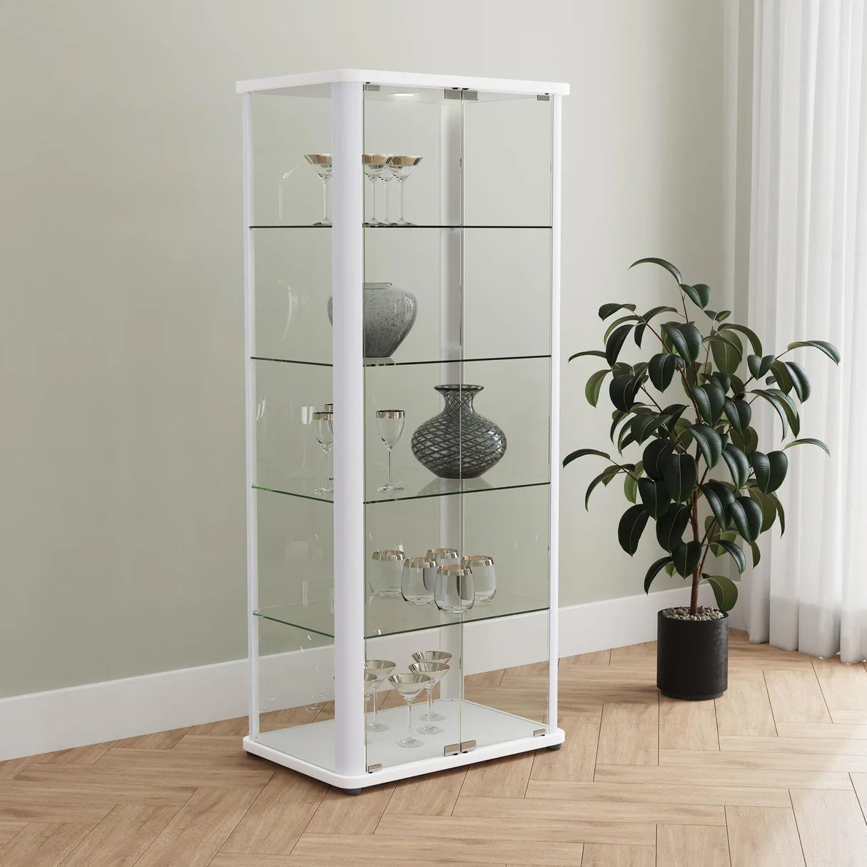 Aero Glossy White 5-Shelf Display Curio Cabinet with LED and Clear Tempered Glass Shelves
