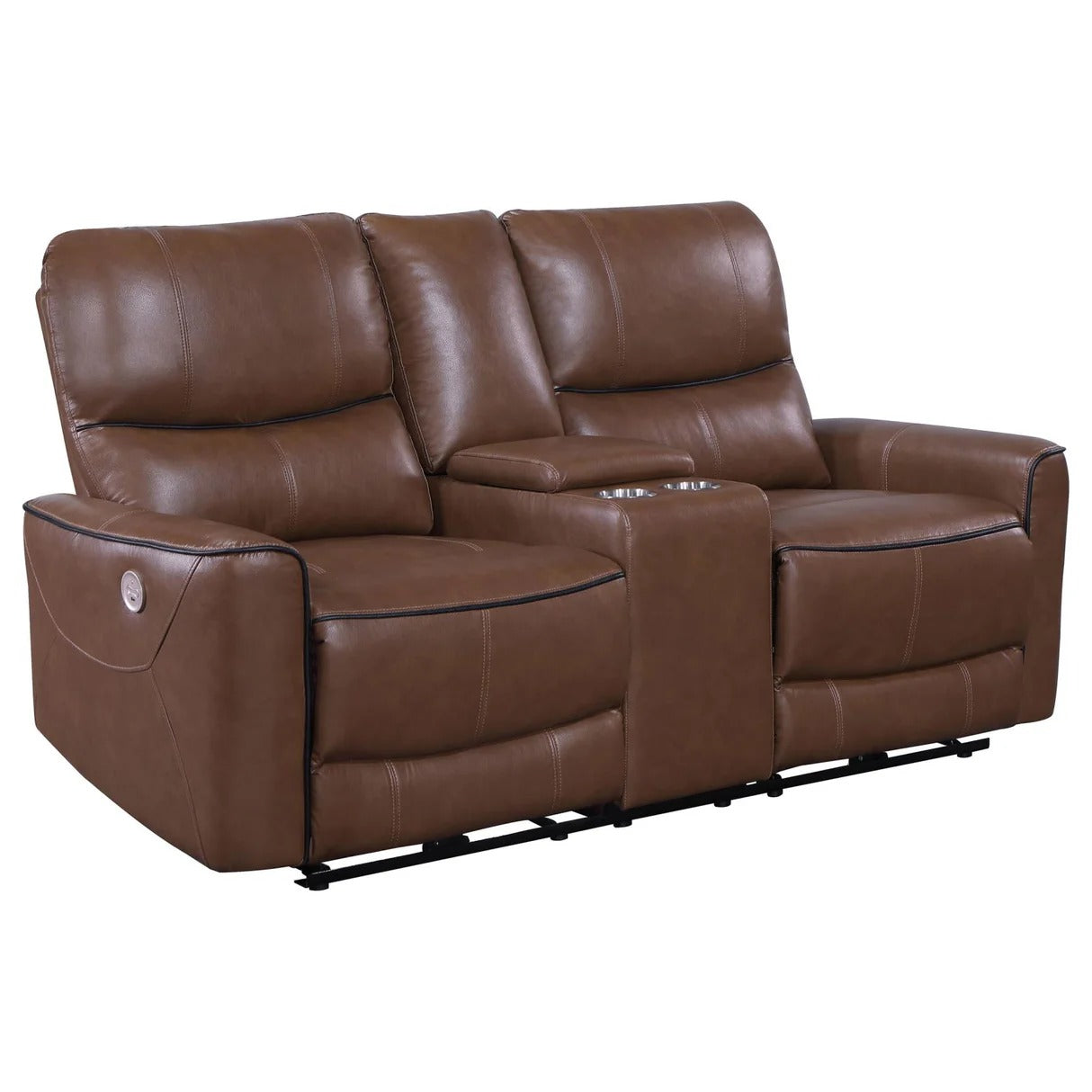 Greenfield Saddle Brown Upholstered Power Reclining Loveseat with Console