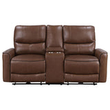 Greenfield Saddle Brown Upholstered Power Reclining Loveseat with Console