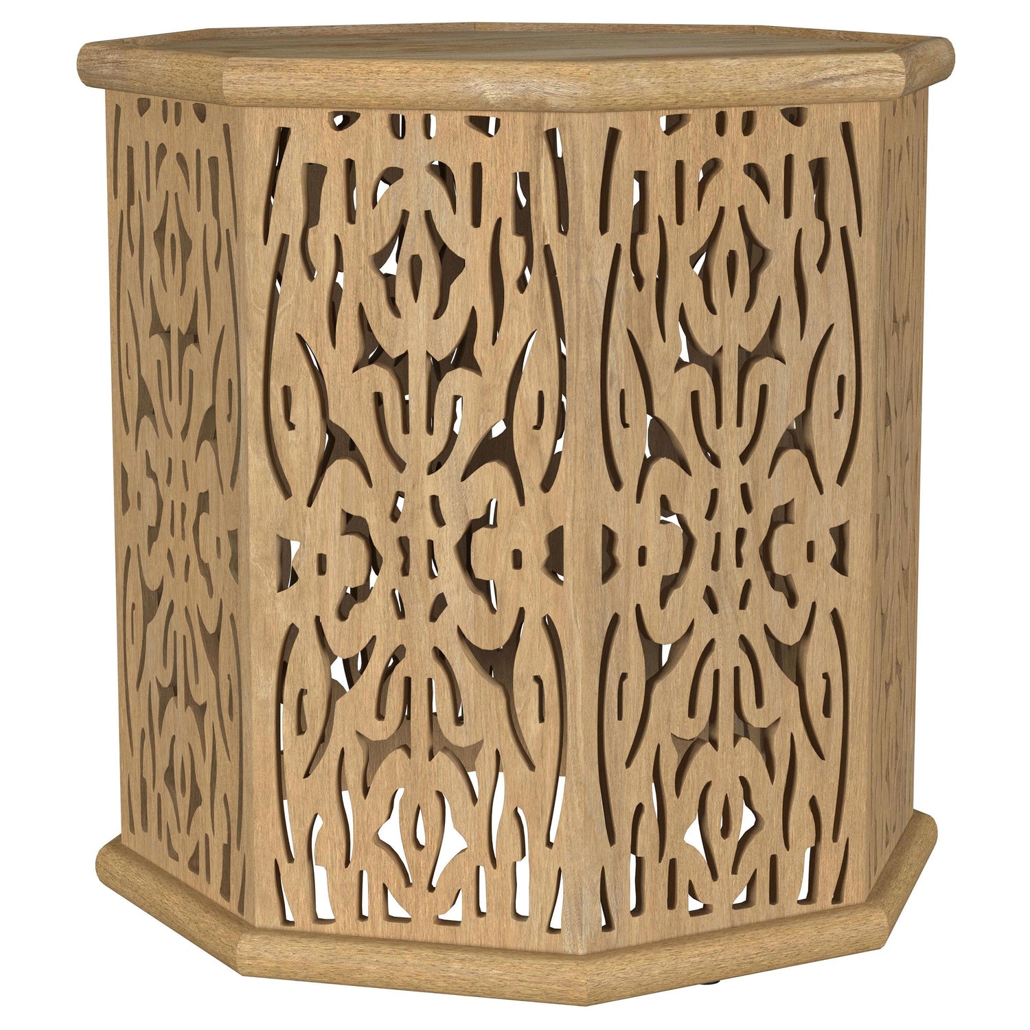Torres Natural Brown Octagonal Solid Wood Side Table with Intricate Openwork Carvings